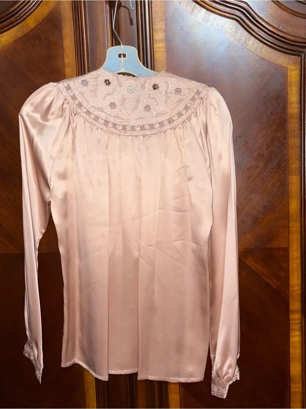 Women's Blush Pink Silk Button-Front Blouse with Lace and Scarf